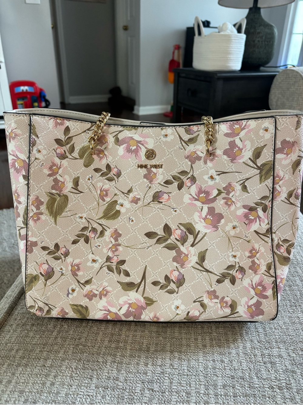 Nine West Cream Tote with Pink Floral Print and Gold Chain Straps